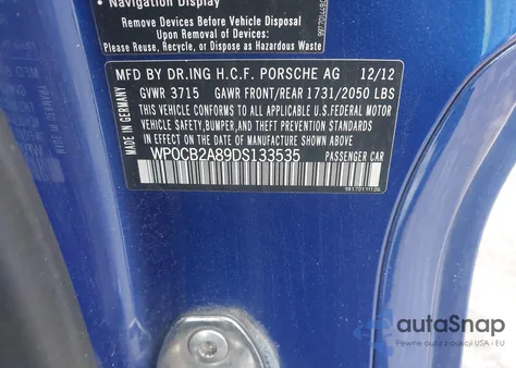 2013 Porsche Boxster S z USA, uszkodzony, nr VIN WP0CB2A89DS133535